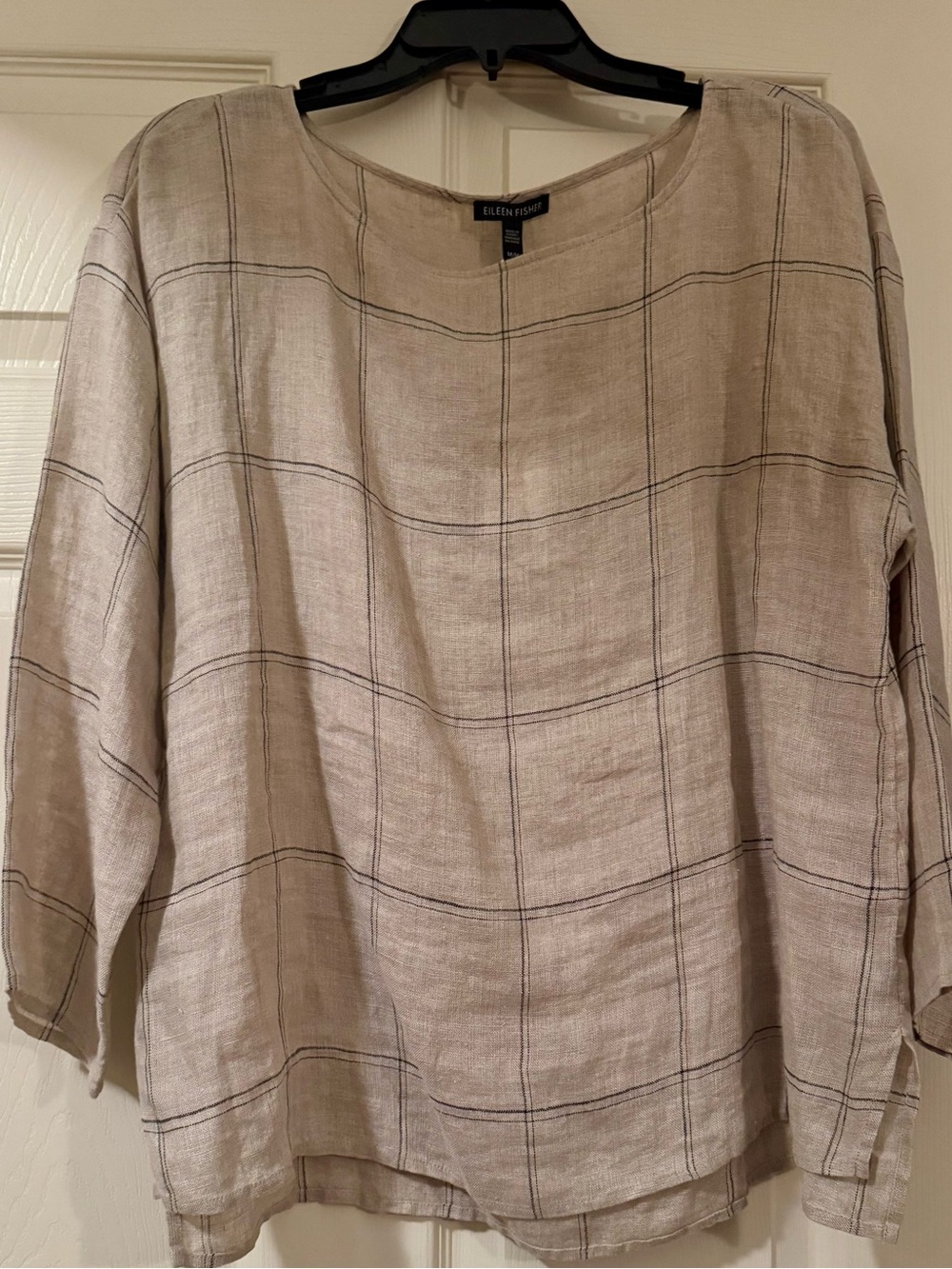 Eileen Fisher Beige Plaid Linen Blend Top